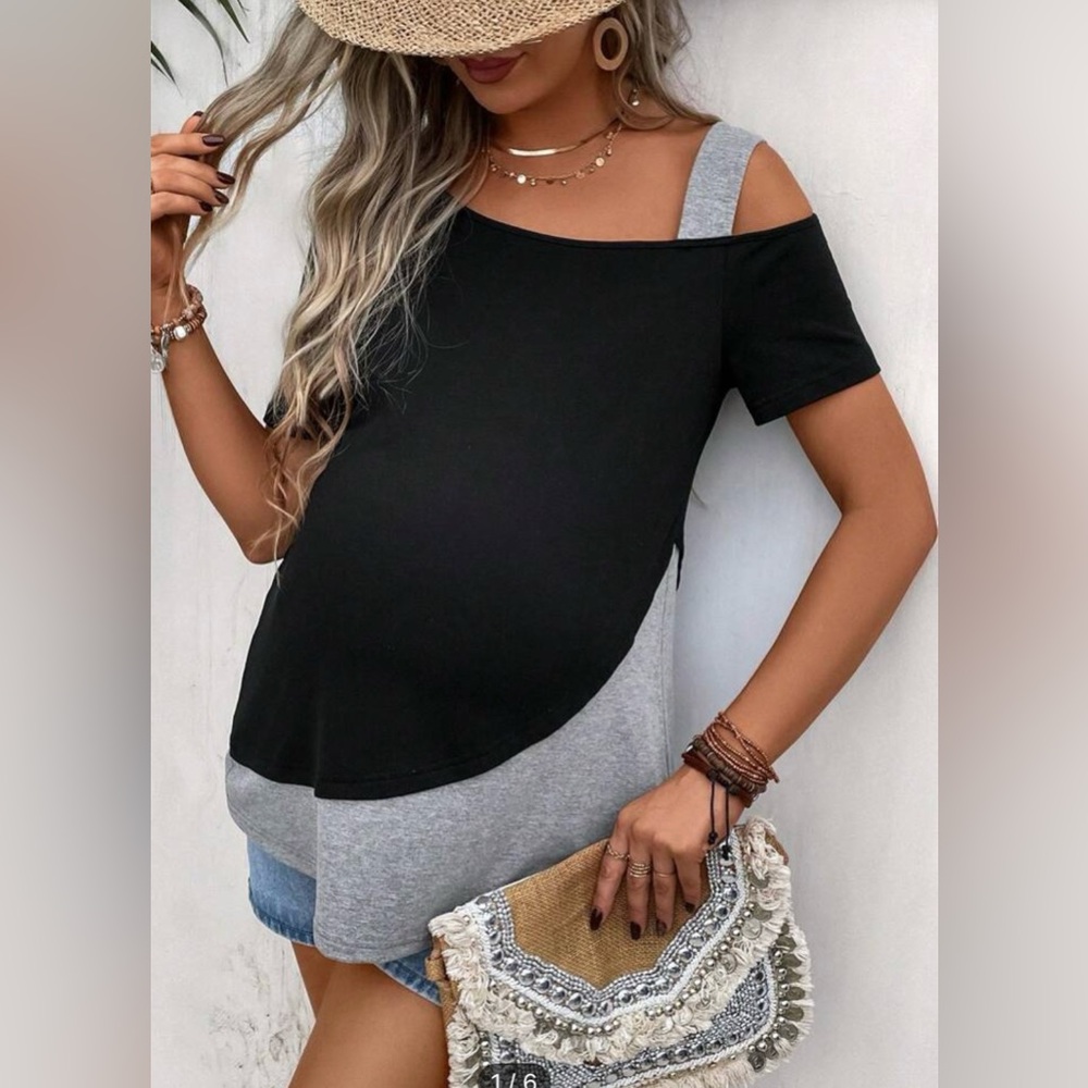 Chic Black and Gray Asymmetrical Maternity Top